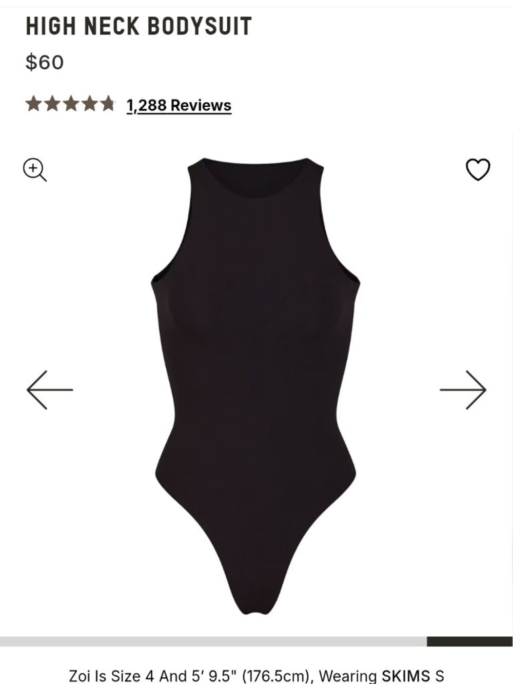 Skims High Neck Body Suit, Size Small